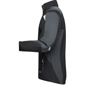 A black and grey softshell jacket featuring a zip, side pockets, and a logo on the chest.