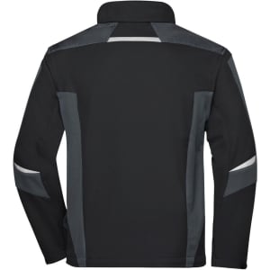 A black and grey softshell jacket with reflective detailing and a logo on the back.