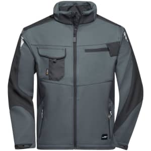 A softshell jacket in grey with black accents, featuring multiple pockets and a zip-up front, plus a logo.