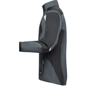 A grey and black softshell jacket with a side view, featuring a logo on the chest area.
