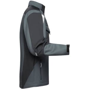 A softshell workwear jacket in grey and black with a sleek design and a logo on the chest area.