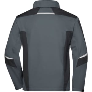 A grey softshell jacket with black accents and a high collar, featuring a logo on the back.