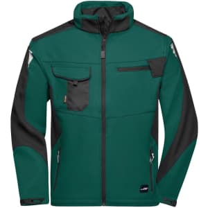 A green and black softshell jacket featuring multiple pockets and a logo. Ideal for workwear.