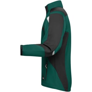 A softshell jacket featuring a combination of dark green and black panels, with a logo on it.
