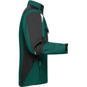 A softshell jacket in teal and black, featuring a zippered pocket and a logo on the upper left side.