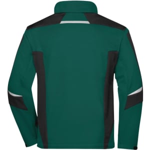 A softshell jacket featuring a teal body with black accents and reflective detailing on the shoulders and sleeves.