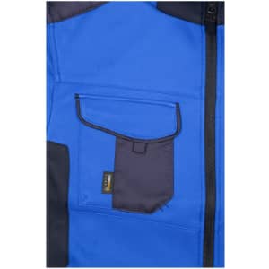 A blue workwear softshell jacket featuring a contrasting black pocket and a logo on the pocket.