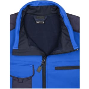A blue softshell jacket featuring a high collar, zip closure, and multiple pockets, with a logo on the chest.