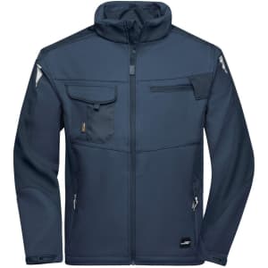 A navy blue softshell jacket with multiple pockets and a zip closure, featuring a logo on the front.