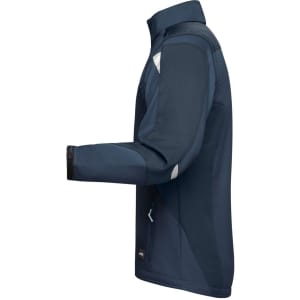 A navy softshell jacket with a zippered pocket and reflective details, featuring a logo on the chest.