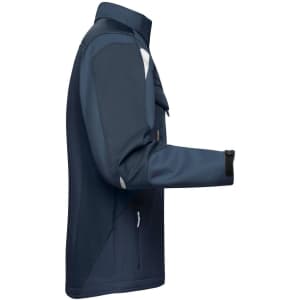 A navy workwear softshell jacket with contrasting light panels and a logo on the sleeve, shown from the side.
