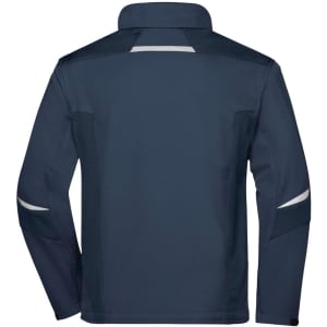 A navy softshell jacket with a structured collar and reflective detailing, featuring a logo.