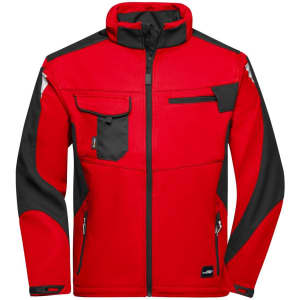 A red and black softshell work jacket featuring multiple pockets and a zip closure. It has a logo on it.