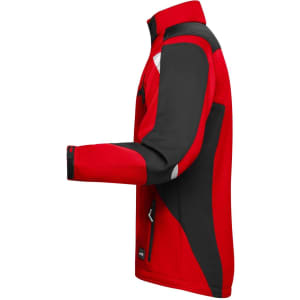 A red and black softshell jacket with a side view, featuring a logo and a zippered pocket.