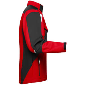 A softshell jacket featuring a red and black design, with a zippered front and reflective elements. It has a logo.