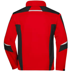 A red softshell jacket with black accents and reflective details, featuring a collar and long sleeves.