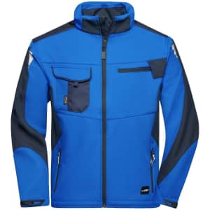 A blue workwear softshell jacket with navy accents and multiple pockets. It features a zip front and has a logo.