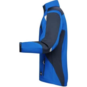 A blue and navy softshell jacket with a zip front, featuring a logo and a high collar.