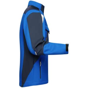 A blue and navy softshell jacket with a side view featuring a logo. Ideal for outdoor workwear.