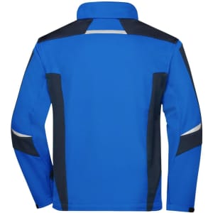 A blue softshell jacket featuring black detailing and a logo on the back. Suitable for workwear.