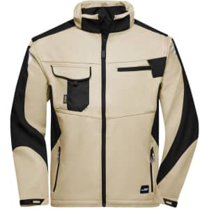 A beige and black softshell jacket featuring multiple pockets and a zip-up front, with a logo on the sleeve.