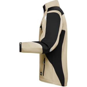 A softshell jacket featuring a tan and black design with a zipped pocket and a logo.