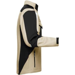 A softshell work jacket featuring a beige and black design, with a zippered pocket and a logo.