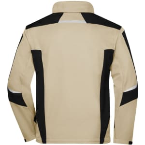 A softshell jacket in beige and black, featuring a collar and contrasting panels, with a logo on the back.