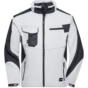 A softshell jacket in white and black shades, featuring multiple pockets and a logo.