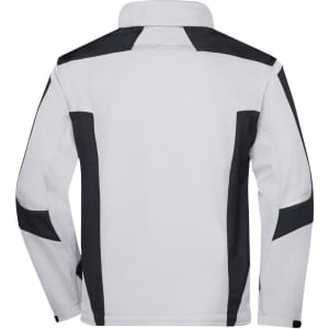 A softshell jacket featuring a grey body with black accents and a high collar. It has a logo on the back.