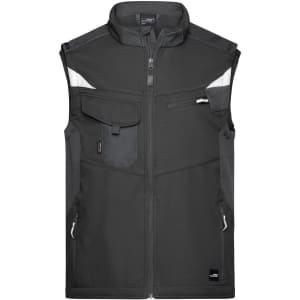 A dark grey softshell work vest featuring multiple pockets and a branded logo.