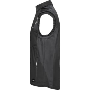 A black softshell work vest with a zippered pocket and a logo, featuring sleeveless design and a modern cut.