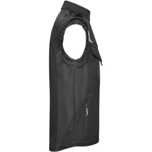 A black softshell vest featuring a zippered pocket and a logo. It has a stylish, sleeveless design.