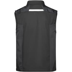 A black softshell work vest featuring a stand-up collar and a logo on the back.