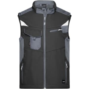 A black and grey softshell vest featuring multiple pockets and a zipped front. It includes a logo on the fabric.
