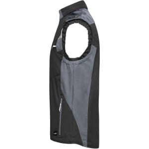 A black and grey softshell vest with a sleeveless design and a zippered pocket. It features a logo on the fabric.