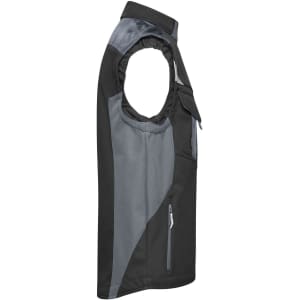 A black and grey softshell vest with a side view, featuring pockets and a logo on the front.