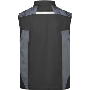 A black and grey softshell vest with a reflective strip and an embroidered logo on the back.