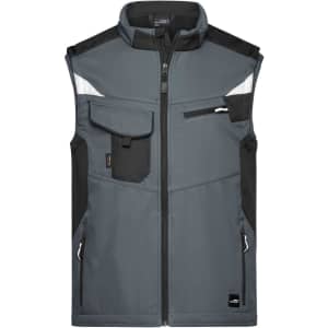 A grey softshell vest with black accents, featuring multiple pockets and a zip closure, has a logo on it.