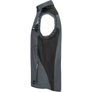 A grey and black softshell vest featuring a side zip and a logo, designed for workwear.