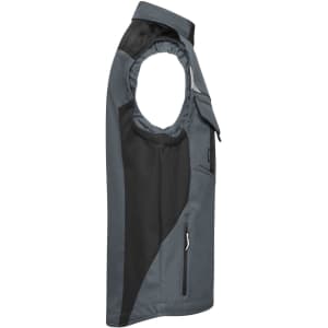 A softshell vest in grey and black with a logo, featuring a zippered pocket and sleeveless design.