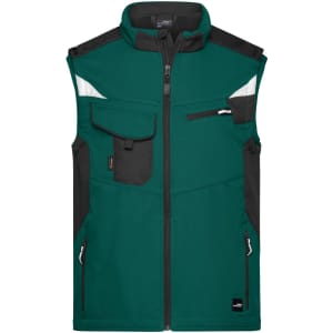 A teal and black softshell vest with multiple pockets and a zip front, featuring a logo on the chest.
