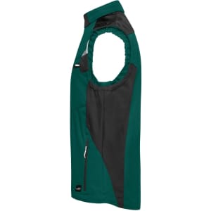 A workwear softshell vest in dark green and black, featuring a sleek design and a logo.