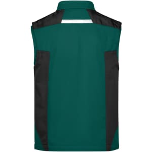 A green and black softshell work vest with a reflective stripe and no sleeves, featuring a logo.