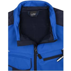 A blue softshell work vest featuring a zip closure and multiple pockets, with a dark navy collar and accents.