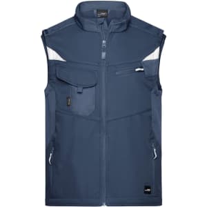 A softshell vest in navy blue with multiple pockets and reflective detailing, featuring a logo.