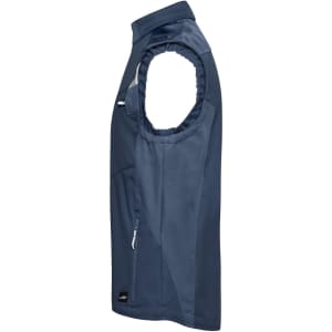 A navy softshell vest featuring a zippered pocket and a logo, designed for workwear use.