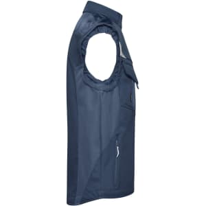 A navy workwear softshell vest with a zip pocket and a logo, featuring a sleeveless design.
