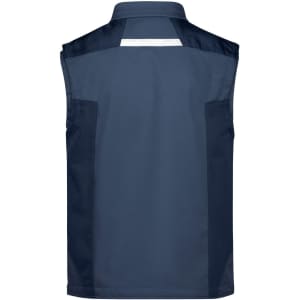 A navy blue softshell vest with a reflective strip and a logo on the back. Suitable for workwear.