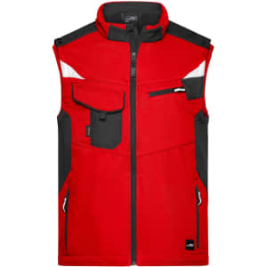 A red softshell work vest with black accents and multiple pockets. It features a zipper and a logo.